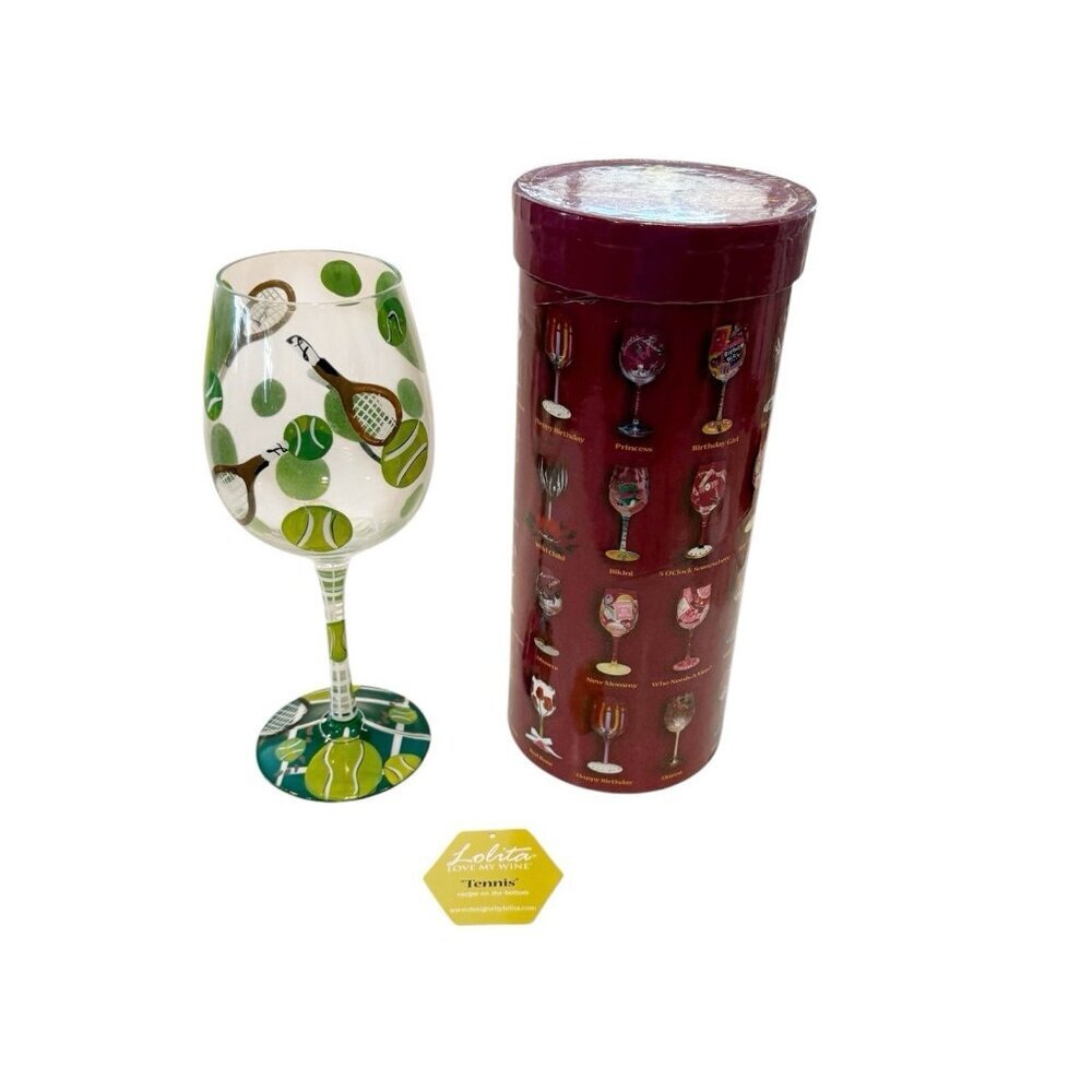 Lolita Hand Painted Tennis Balls Racket Pickleball Wine Glass Recipe Box NOB